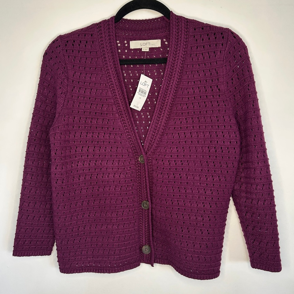 LOFT Purple Open-Knit Button Cardigan